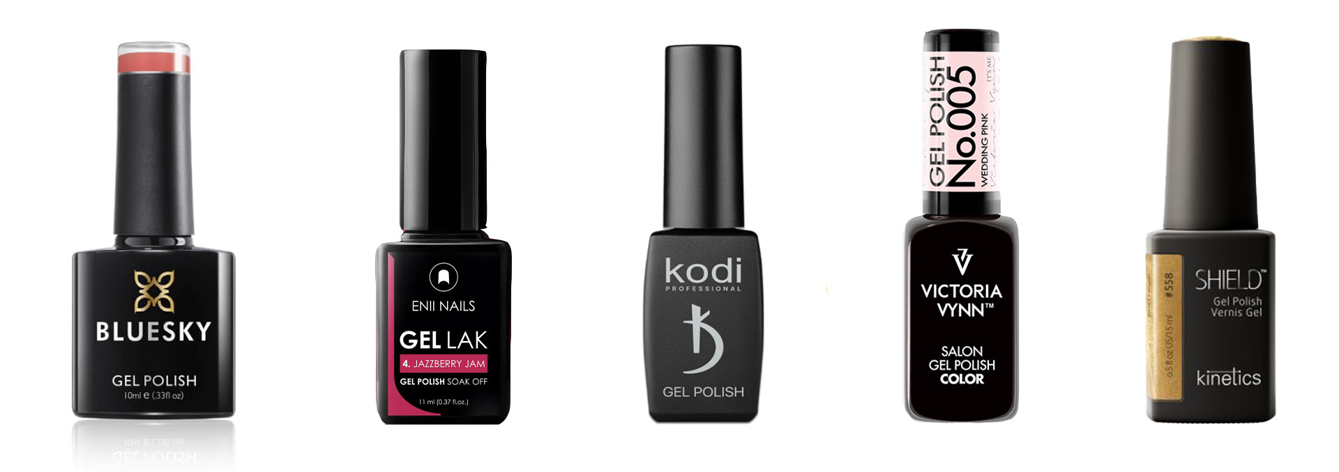 Pictures of gel polish bottles of main five competitors: Bluesky, Enii Nails, Kodi, Victoria Vynn, Kinetics.