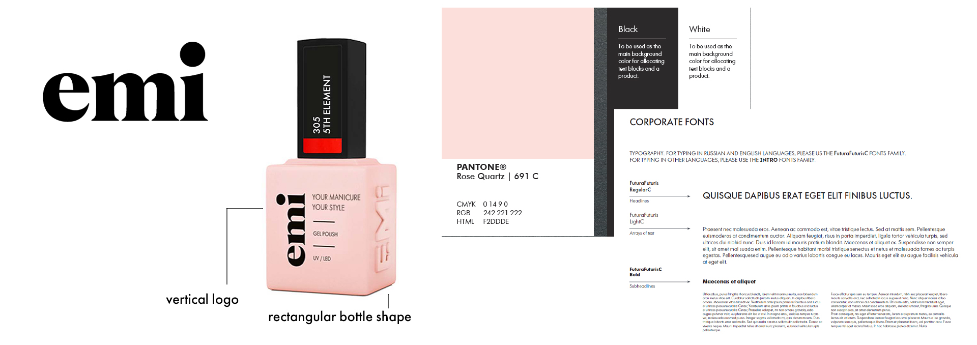 A collage with logo, brand colors, and fonts of the main brand EMI, as well as an example of its gel polish bottle.