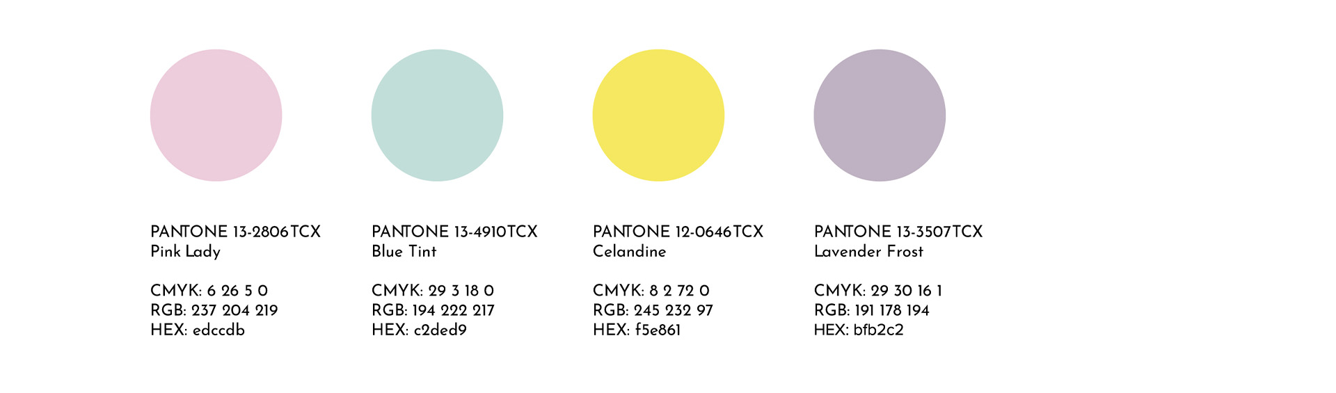 The corporate color palette consists of four colors: soft pink, turquoise, yellow, and violet.
