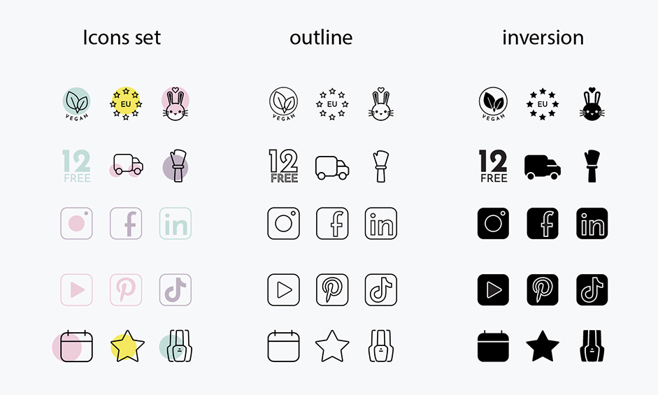Icons set for the brand ME in three versioins: basic, outline, and inversion.