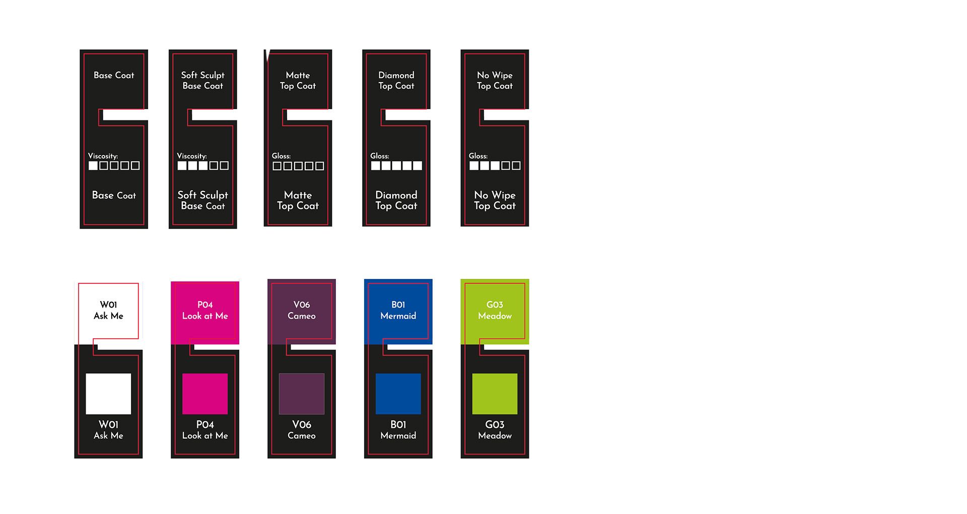 An example of labels for additional liquids (such as base and top gels) and gel polishes.