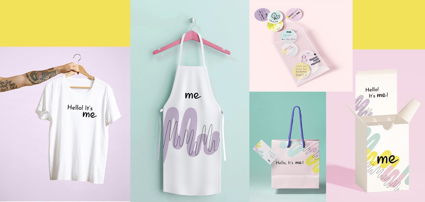 An illustration of branded materials: t-shirtm apron, pack, stickers, and shipping box.